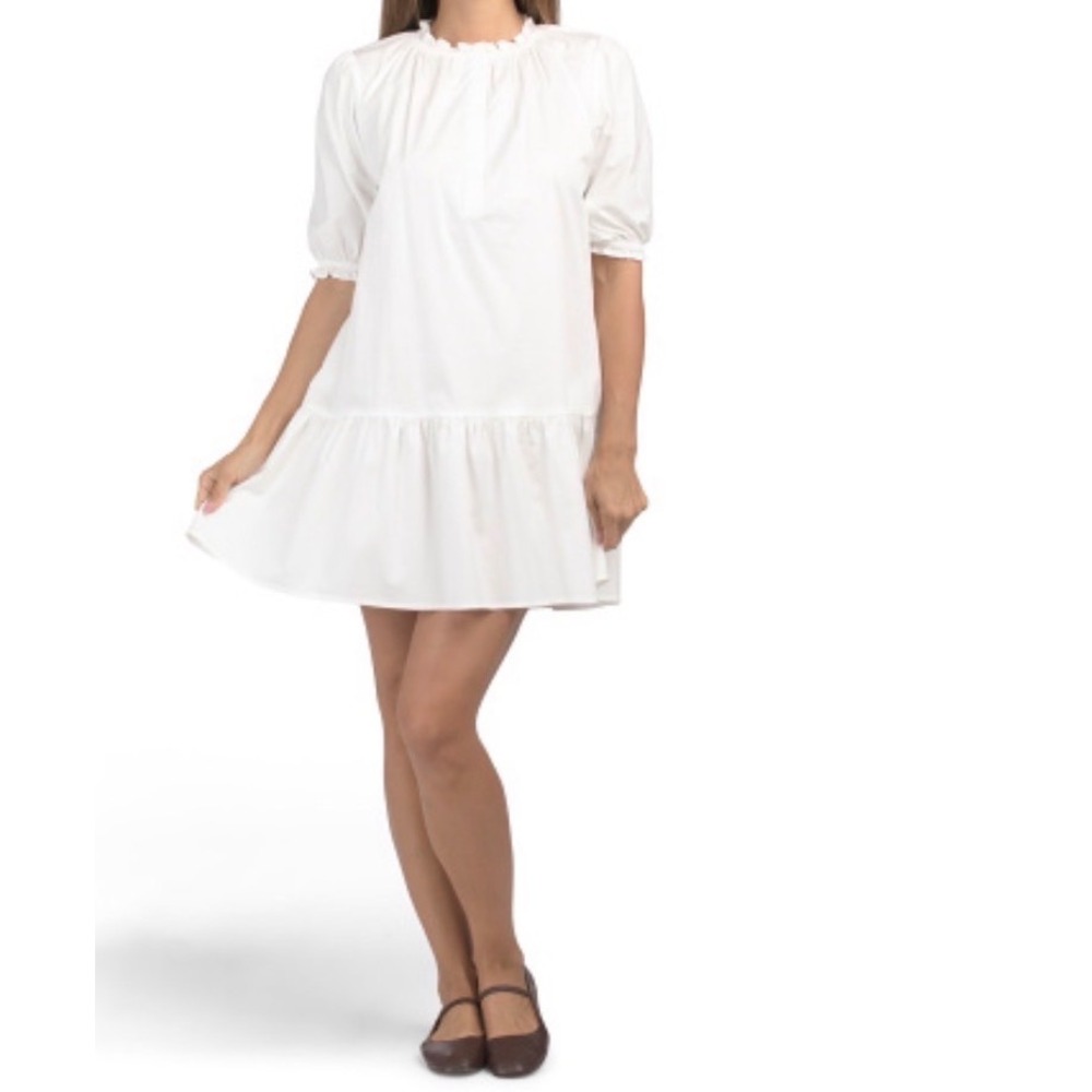Caryn Lawn Clare Dress White Cotton Ruffle Neck Tiered Puff Sleeve mini Size OS